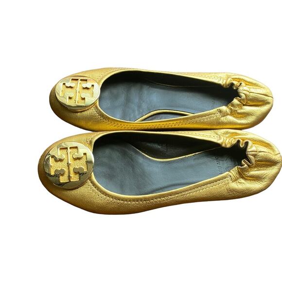 Tory Burch Reva Gold Leather Ballet Flats Women’s Shoes Logo Medallion 7.5 - Picture 10 of 12